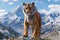 Majestic Bengal Tiger Standing Proud Against a Backdrop of Snow Capped Himalayan Mountains and Clear Blue Sky