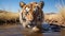 Majestic Bengal tiger staring, reflecting in water generated by AI