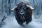 A majestic bison gracefully navigating through a snow-covered forest. AI Generated