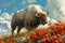 Majestic Bison in Snowy Landscape with Red Berries and Blue Cloudy Sky Wildlife Nature Illustration