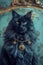 Majestic Black Cat with Vintage Gold Necklace on Elegant Blue Armchair