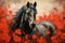 Majestic black horse in field of blooming red poppies. Power and Grace of Wild Mustang. Illustration in style of oil