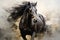 Majestic Black Horse Galloping in Field. Power and Grace of Wild Horse in Motion. Painting in style of Impressionism and