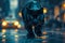 Majestic Black Panther Walking on Wet Street in Nighttime Cityscape with Glowing Lights