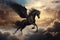 Majestic Black Pegasus horse flying high above the clouds.