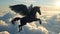 Majestic black Pegasus horse flying high above the clouds