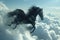 Majestic black Pegasus horse flying high above the clouds