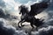 Majestic black Pegasus horse flying high above the clouds. Generative AI