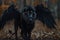 Majestic black winged lion in autumn forest