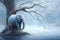 A majestic blue elephant stands beside a gnarled tree in a serene snowy winter landscape with falling leaves