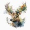 Majestic Bohemian Deer with Flowering Antlers: Watercolor Portrait of an Old Animal AI Generated