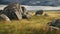 Majestic British Landscape: Dark Sky, Rock Formations, And Grassy Serenity