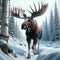 Majestic Bull Moose Running Wintertime Wilderness Wildlife Snowy Forest Canada AI Generated