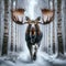 Majestic Bull Moose Running Wintertime Wilderness Wildlife Snowy Forest Canada AI Generated