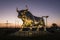 Majestic bull statue illuminated by sunset, symbolizing financial growth