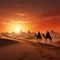 Majestic camel caravan against a desert sunset, Dubai skyline silhouette