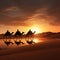 Majestic camel caravan against a desert sunset, Dubai skyline silhouette