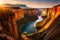 A majestic canyon carved by a winding river, its walls glowing with warm, earthy tones
