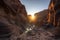 majestic canyon with sun setting, casting warm light on rock formations