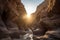 majestic canyon with sun setting, casting warm light on rock formations