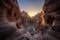 majestic canyon with sun setting, casting warm light on rock formations