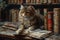 A majestic cat sits surrounded by vintage books.