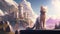 A majestic cat stands on a castle, overlooking a beautiful dreamland in this enchanting illustration