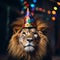 Majestic Celebration: Vibrantly Adorned Male Lion in Festive Party Hat