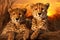 Majestic cheetah family roaming the african savanna against a vibrant sunset backdrop