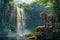 Majestic Cheetah Overlooking a Waterfall in Lush Tropical Rainforest Jungle Scenery