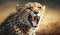 Majestic cheetah yawns showing off its teeth generated by AI