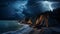 Majestic cliff, dark sky, thunderstorm, wave crash, nature beauty generated by AI