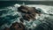 Majestic coastline, eroded rocks, breaking waves, spray generated by AI