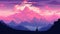 a majestic colorful anime landscape artwork of big mountains in pink and a man standing alone, ai generated image