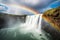 Majestic combination of a waterfall and a vibrant rainbow. Generative AI