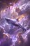 Majestic Cosmic Shark Swimming Through Ethereal Nebulae and Star Clusters in a Surreal Violet Galaxy Illustration