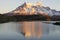 The Majestic Cuernos del Paine reflection during sunrise in Lake Pehoe in Torres del Paine National Park, Patagon