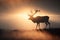 majestic deer silhouetted against the sunrise, with misty morning fog on the horizon
