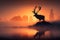 majestic deer silhouetted against the sunrise, with misty morning fog on the horizon