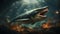 Majestic dragon swims in dark, spooky underwater mystery generated by AI