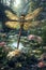 Majestic Dragonfly with Gossamer Wings Over Pond with Water Lilies, Enchanted Forest Scene, Magical Nature Illustration, Digital