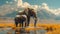 A majestic elephant and its calf stand in the water, with mountains behind them