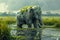 Majestic Elephant Standing in Lush Green Wetlands with Scenic Sky Wildlife and Nature Concept