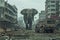 Majestic Elephant Walking Alone Through Urban City Ruins in a Post Apocalyptic Setting Surrounded by Abandoned Vehicles and