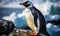 Majestic Emperor Penguin standing on a rocky ledge against a turbulent ocean backdrop