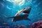 Majestic Encounter A Shark\\\'s Graceful Swim in the Ocean\\\'s Sunlit Waters. created with Generative AI