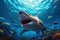 Majestic Encounter A Shark\\\'s Graceful Swim in the Ocean\\\'s Sunlit Waters. created with Generative AI