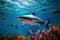 Majestic Encounter A Shark\\\'s Graceful Swim in the Ocean\\\'s Sunlit Waters. created with Generative AI