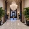 Majestic Entryway: A grand entryway with a sweeping staircase, a crystal chandelier, and a massive floor-to-ceiling mirror to cr