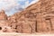 Majestic facades of the tombs carved by Nabatean craftsmen into the rock in the Nabatean Kingdom of Petra in the Wadi Musa city in